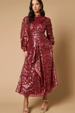 Animal Metallic Jacquard Ruffle Front Dress