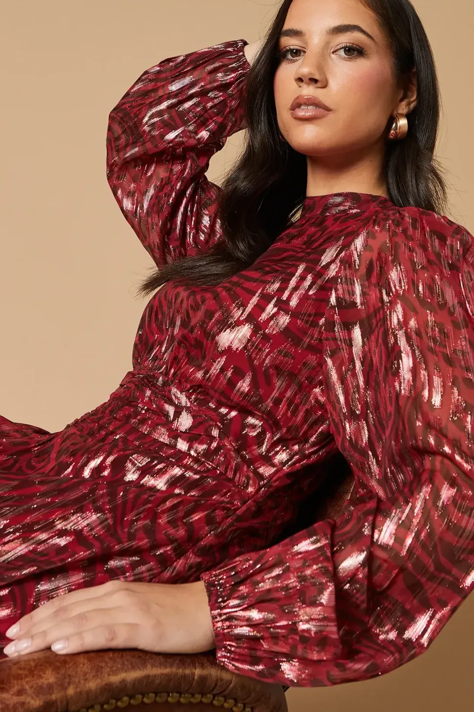 Animal Metallic Jacquard Ruffle Front Dress