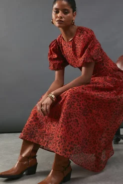 Animal Organza Puff Sleeve Godet Side Midi Dress