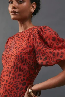 Animal Organza Puff Sleeve Godet Side Midi Dress