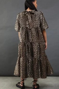 Animal Organza Puff Sleeve Midi Smock Dress