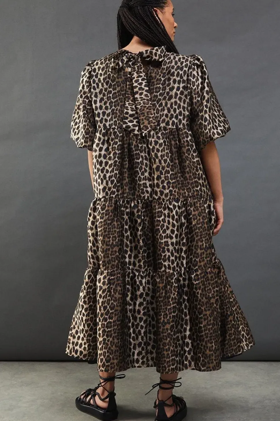 Animal Organza Puff Sleeve Midi Smock Dress