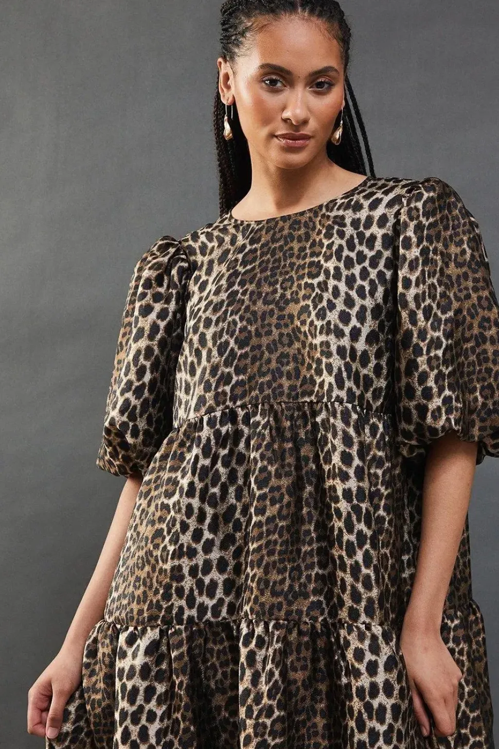 Animal Organza Puff Sleeve Midi Smock Dress
