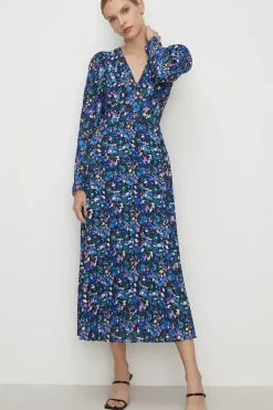 Animal Pleated V Neck Midi Dress