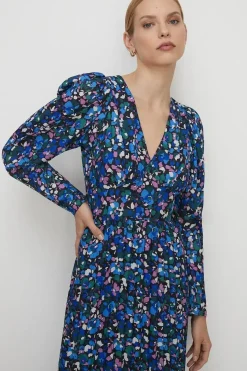 Animal Pleated V Neck Midi Dress