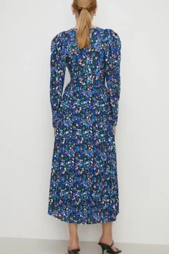 Animal Pleated V Neck Midi Dress