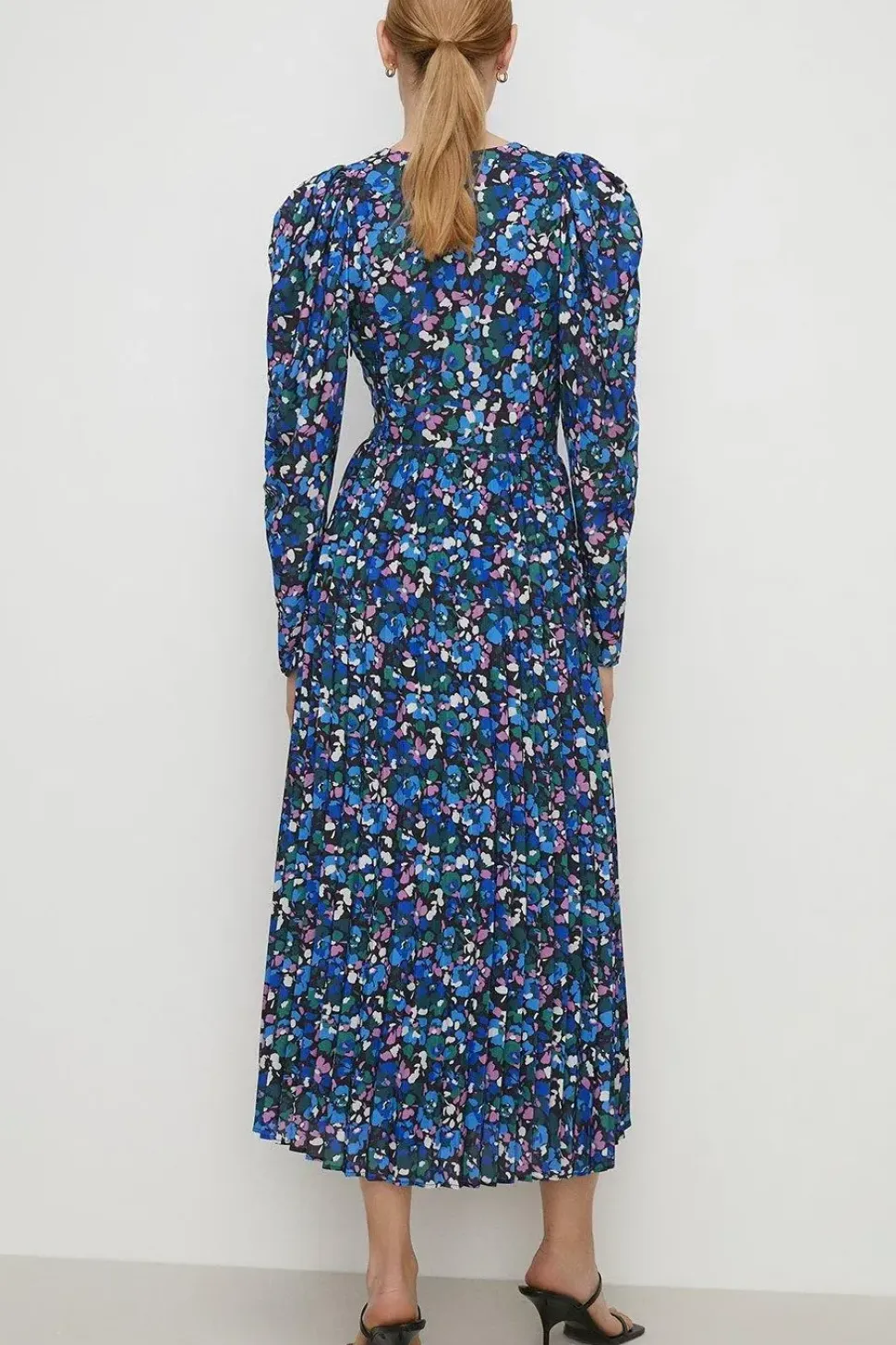Animal Pleated V Neck Midi Dress