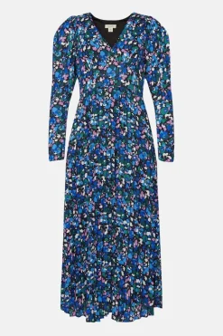 Animal Pleated V Neck Midi Dress