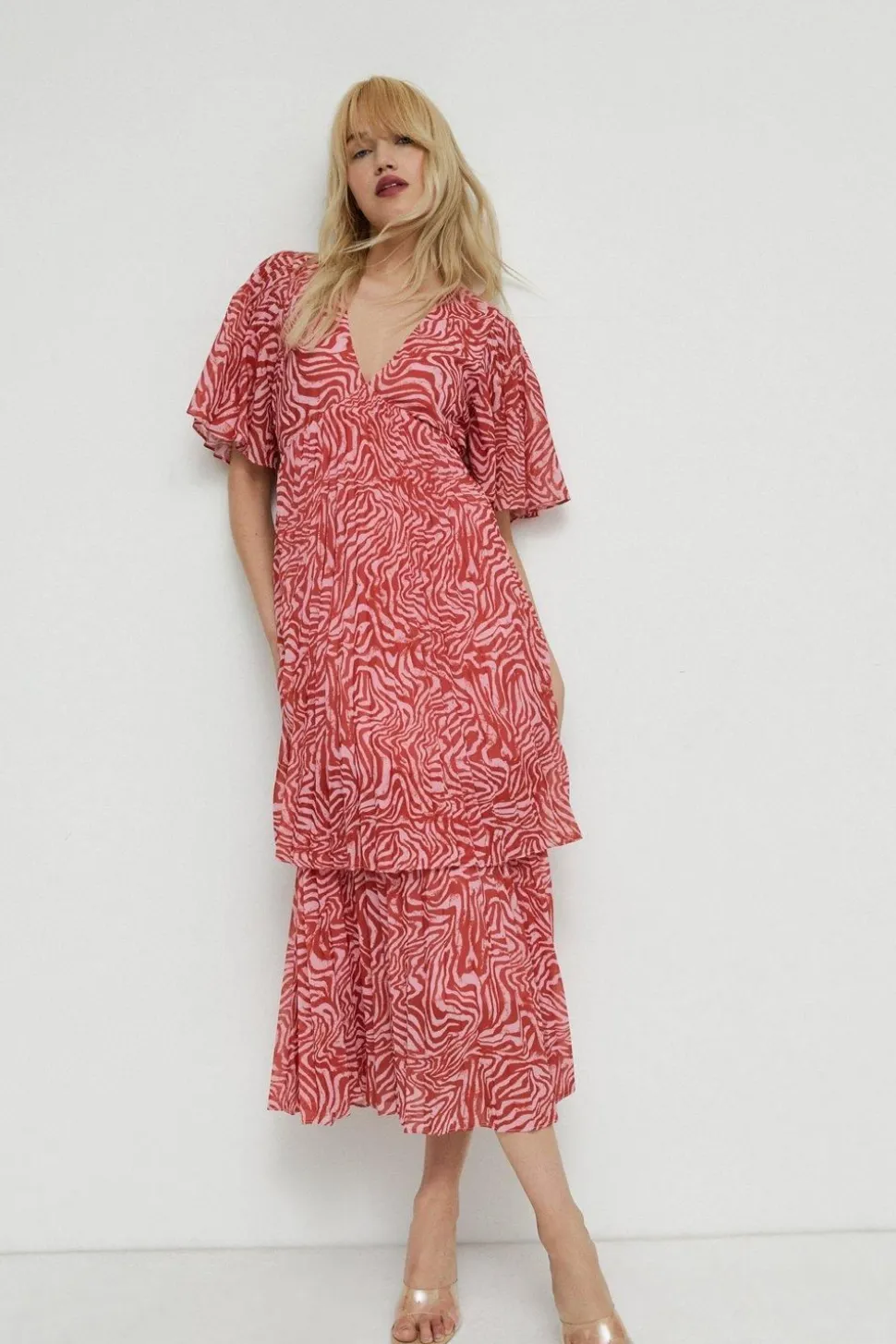 Animal Pleated V Neck Midi Dress