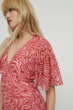 Animal Pleated V Neck Midi Dress
