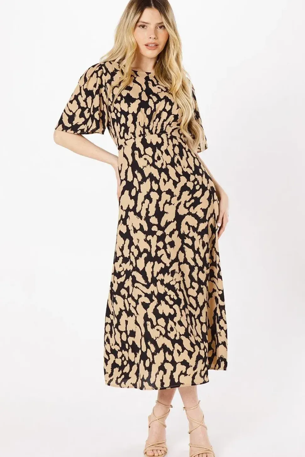 Animal Print Angel Sleeve Midi Dress