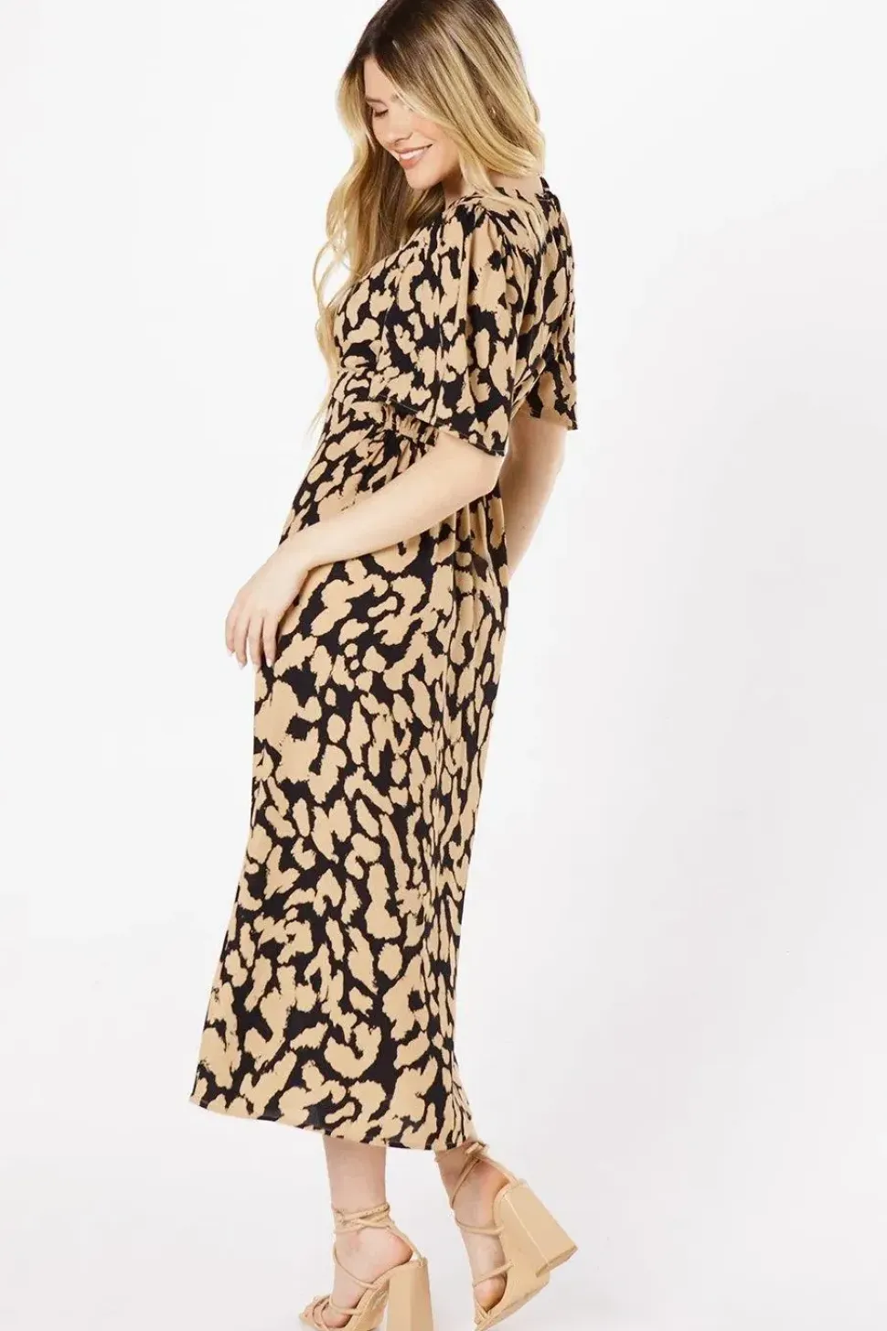 Animal Print Angel Sleeve Midi Dress