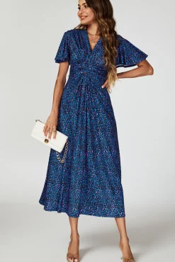 Animal Print Angel Sleeve Twist Maxi Dress In Blue