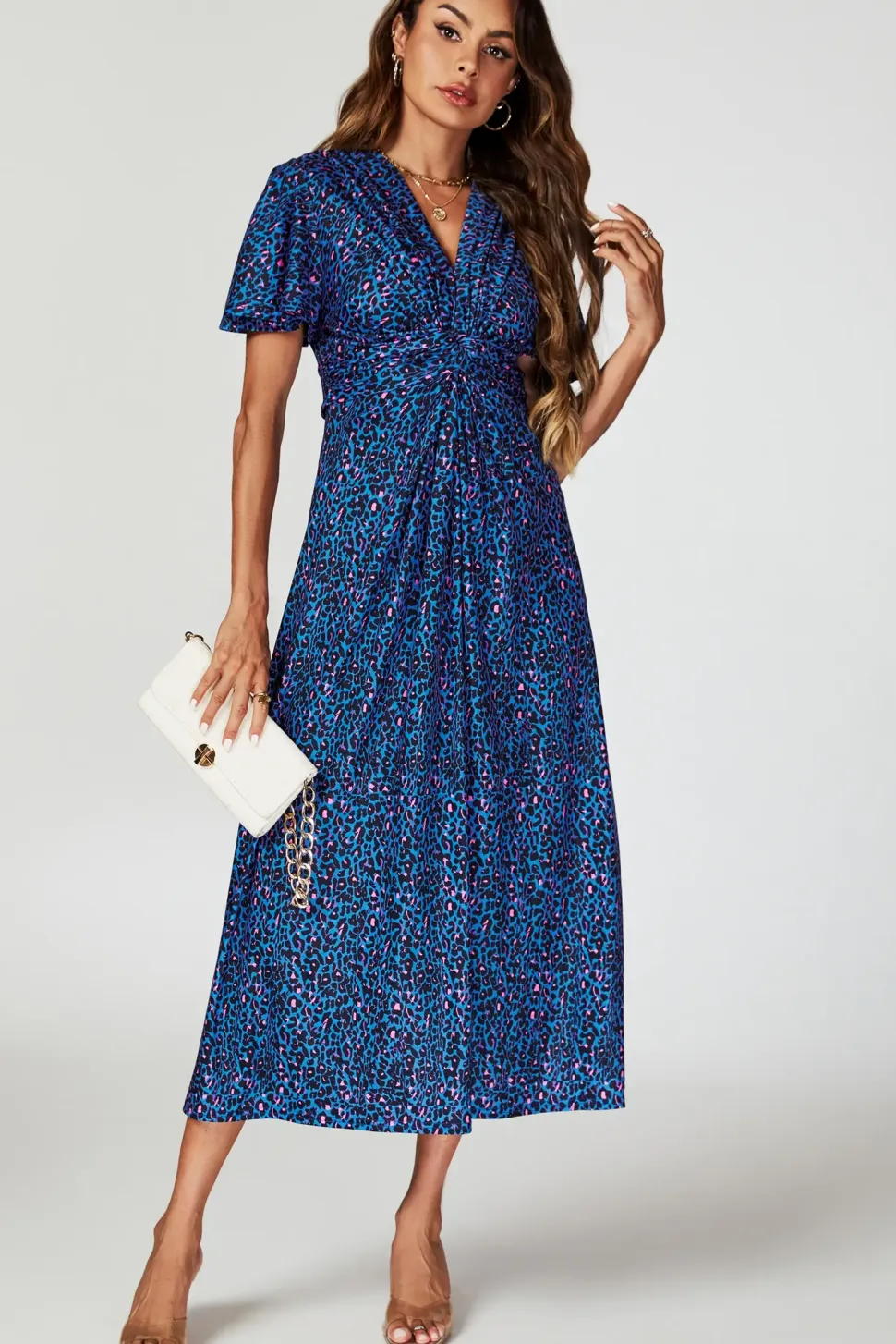 Animal Print Angel Sleeve Twist Maxi Dress In Blue
