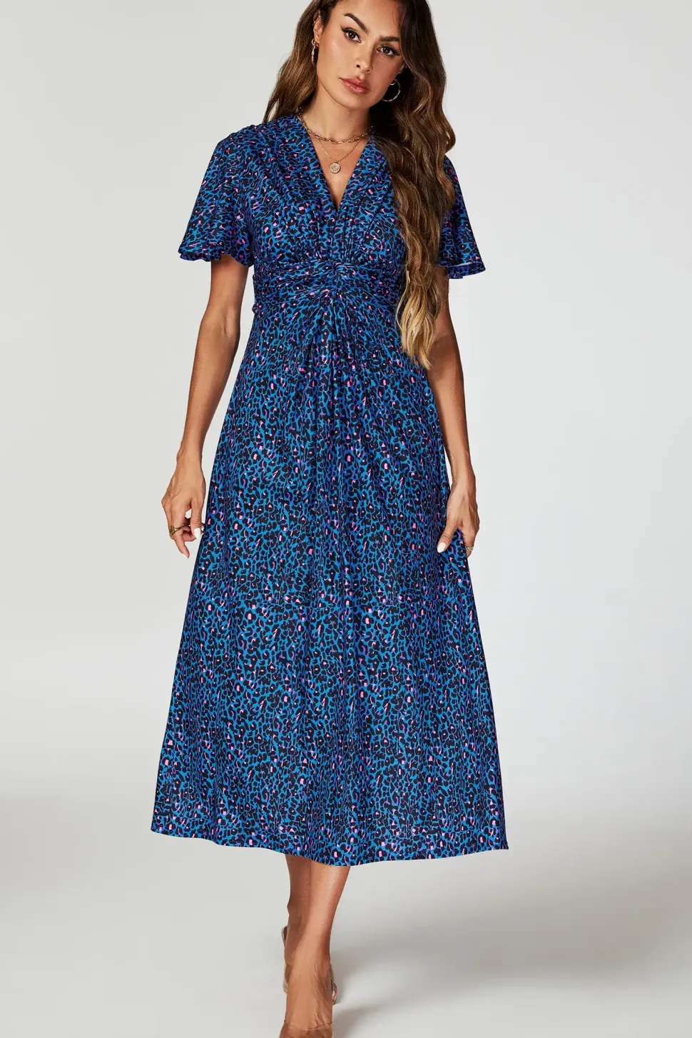 Animal Print Angel Sleeve Twist Maxi Dress In Blue