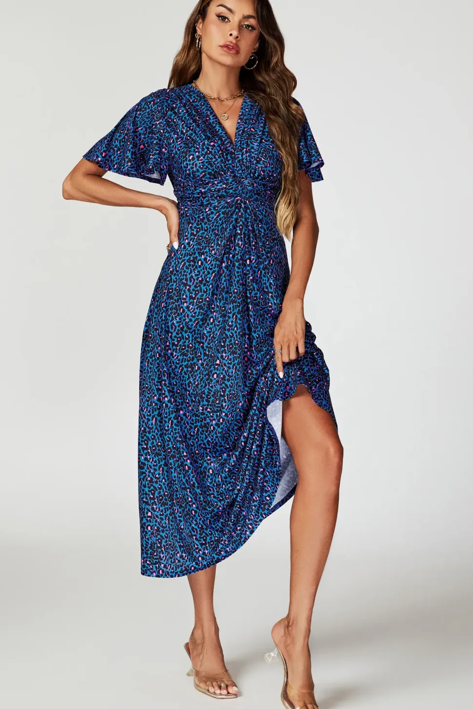 Animal Print Angel Sleeve Twist Maxi Dress In Blue