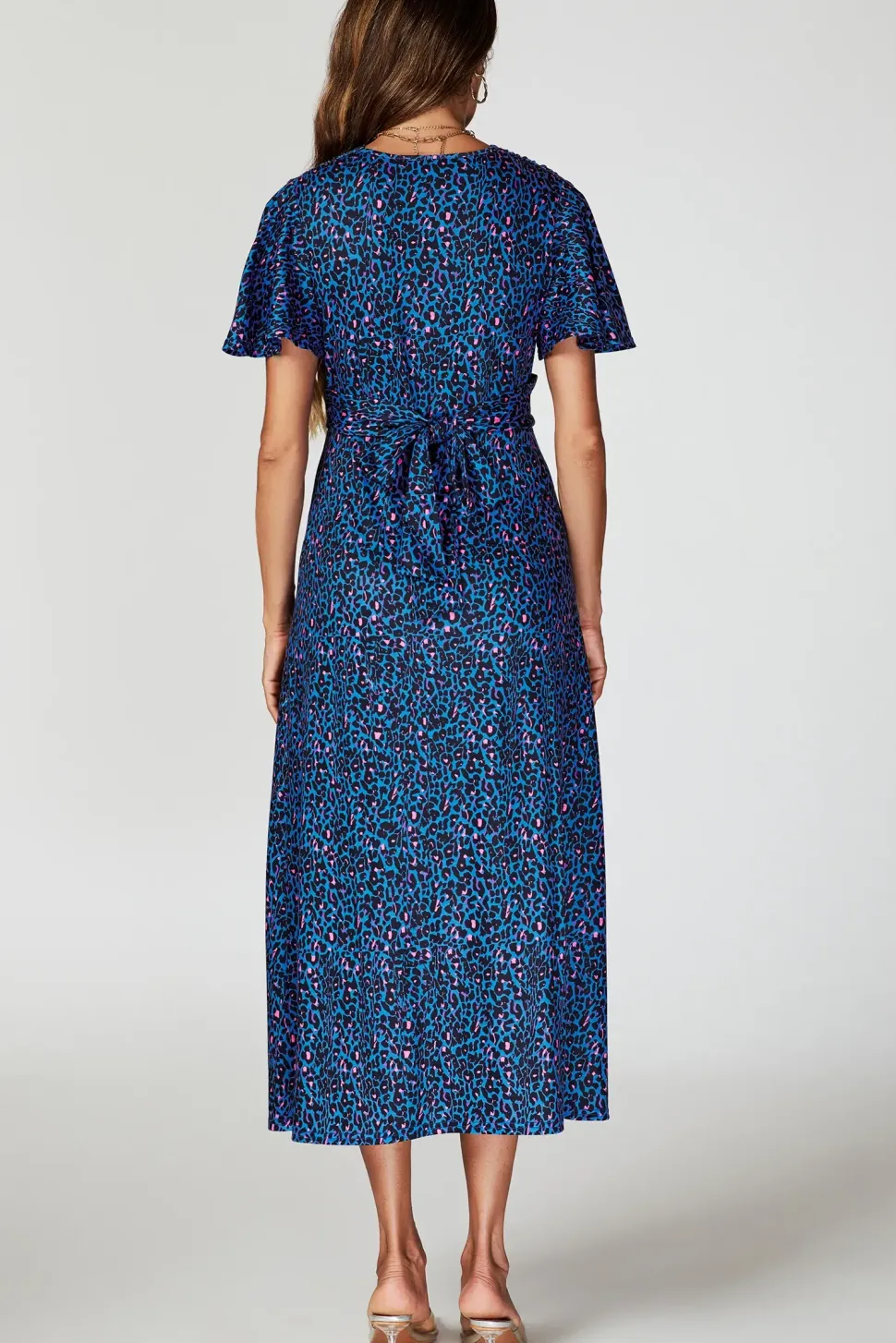 Animal Print Angel Sleeve Twist Maxi Dress In Blue