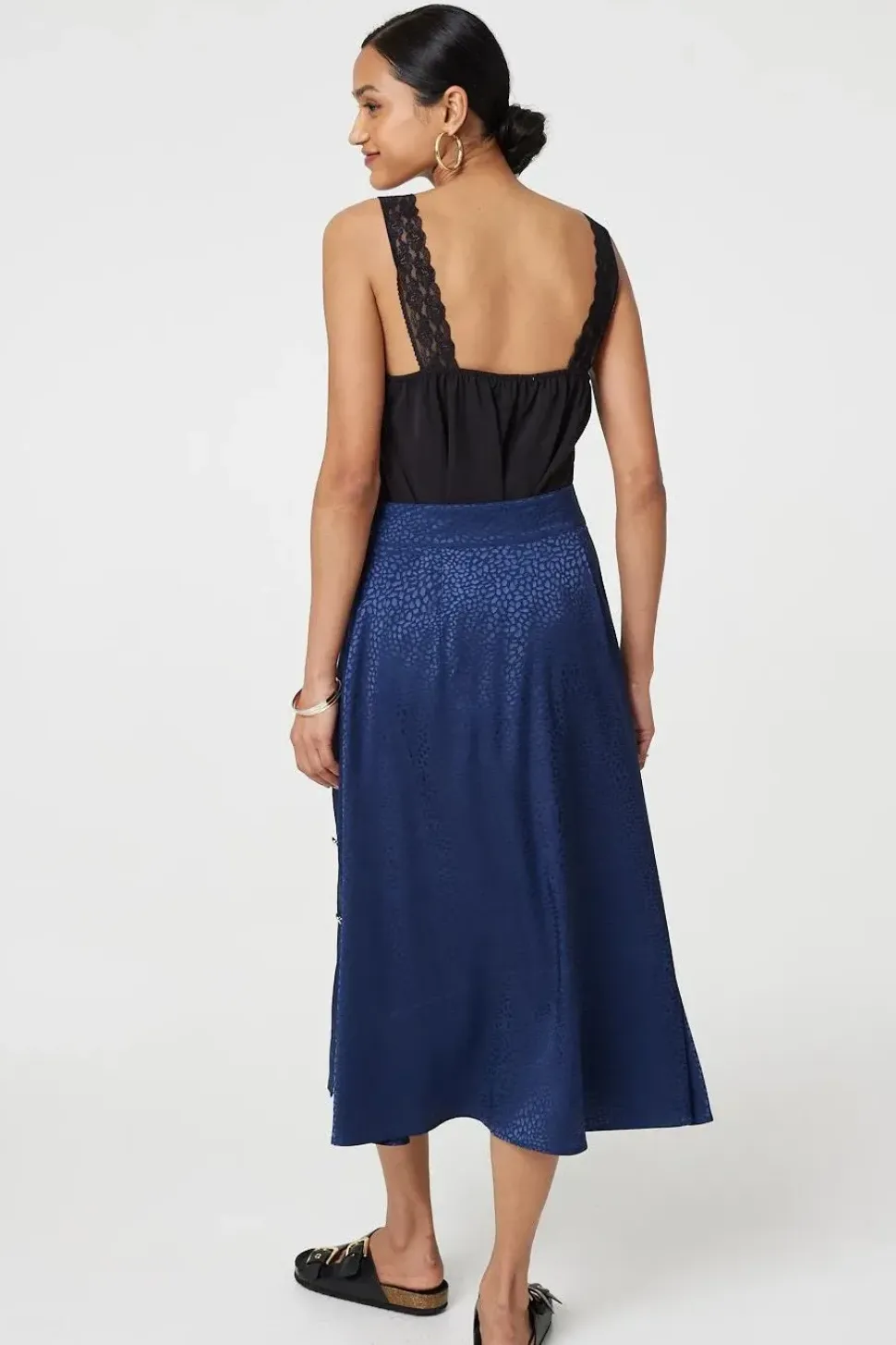 Animal Print Button Detail Midi Skirt
