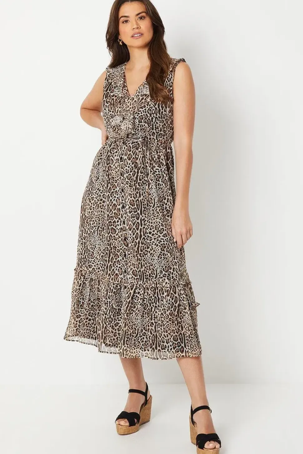 Animal Print Chiffon Sleeveless Ruffle Waisted Midi Dress