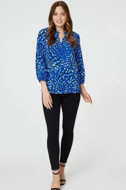 Animal Print Collarless Shirt Top