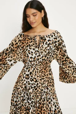 Animal Print Crinkle Bardot Dress