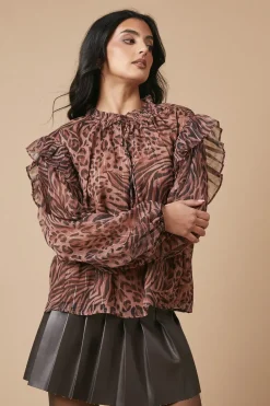 Animal Printed Metallic Chiffon Tie Neck Blouse