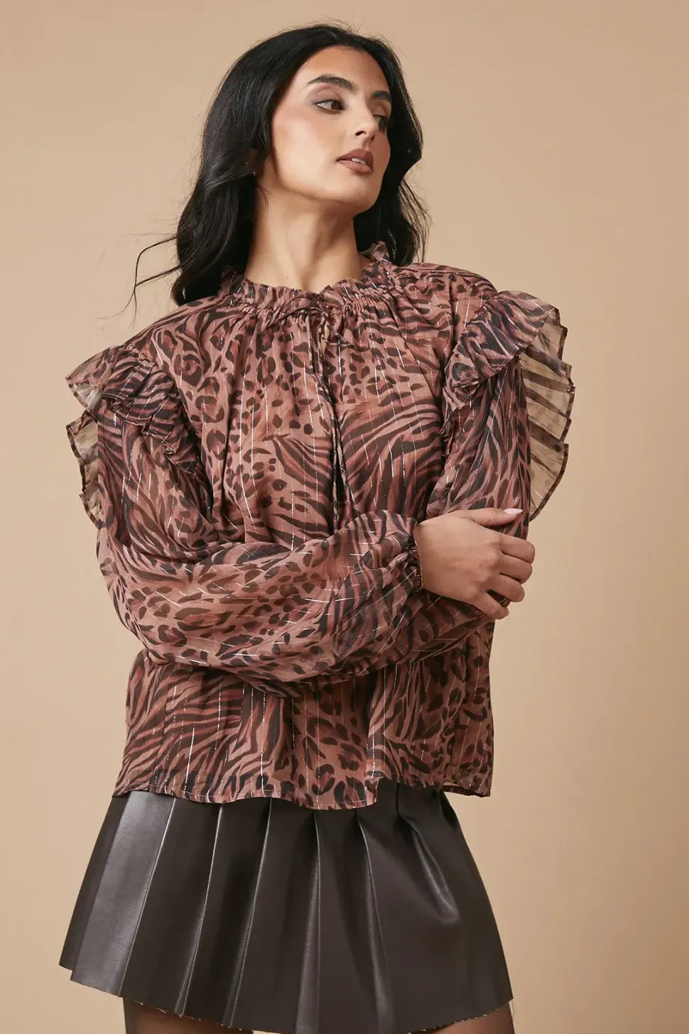 Animal Printed Metallic Chiffon Tie Neck Blouse