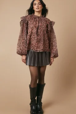 Animal Printed Metallic Chiffon Tie Neck Blouse
