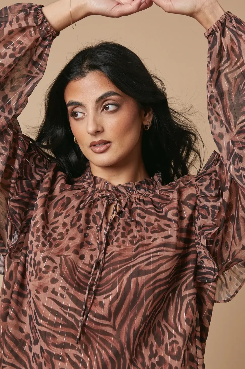 Animal Printed Metallic Chiffon Tie Neck Blouse