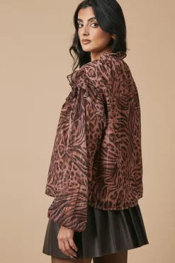 Animal Printed Metallic Chiffon Tie Neck Blouse