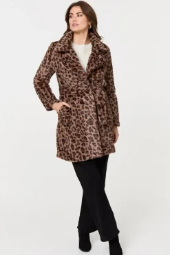 Animal Print Faux Fur Tie Waist Jacket