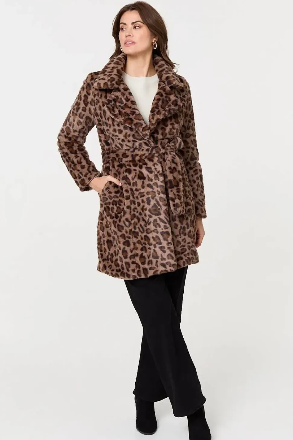 Animal Print Faux Fur Tie Waist Jacket