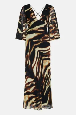 Animal Print Fluted Sleeve Plunge Maxi Dress