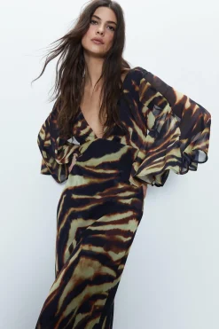Animal Print Fluted Sleeve Plunge Maxi Dress