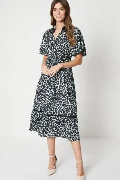Animal Print Flutter Sleeve Zip Midi Shirt Dress