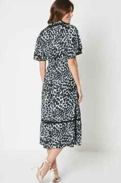 Animal Print Flutter Sleeve Zip Midi Shirt Dress