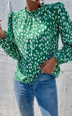Animal Print Frill Detail High Neck Top In Green