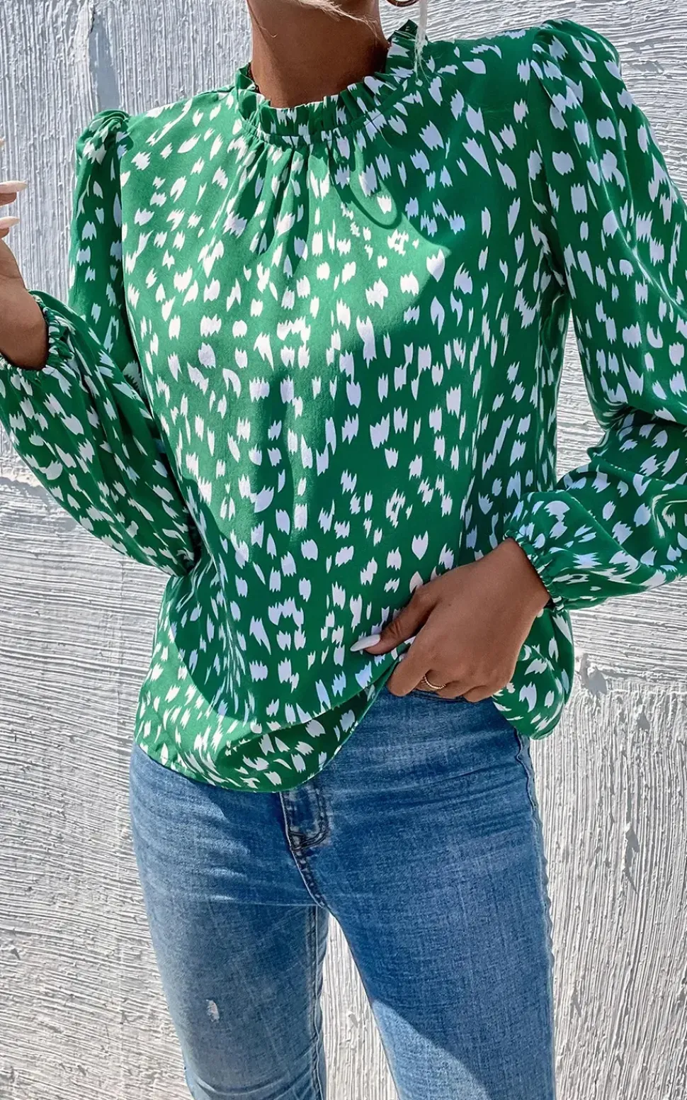 Animal Print Frill Detail High Neck Top In Green