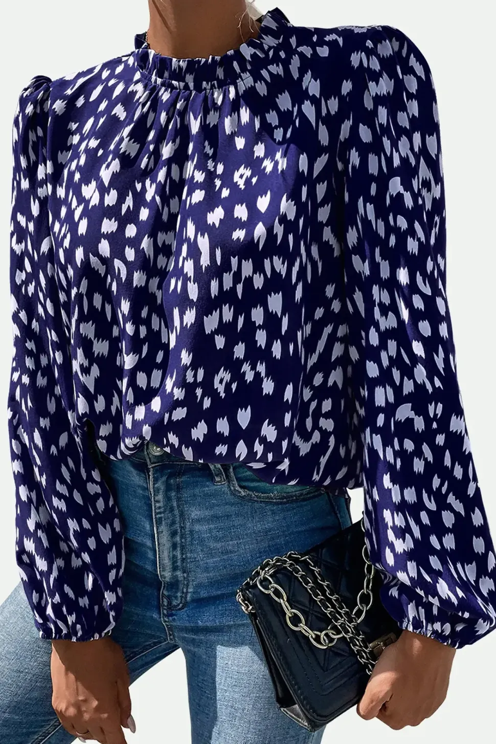 Animal Print Frill Detail High Neck Top In Navy