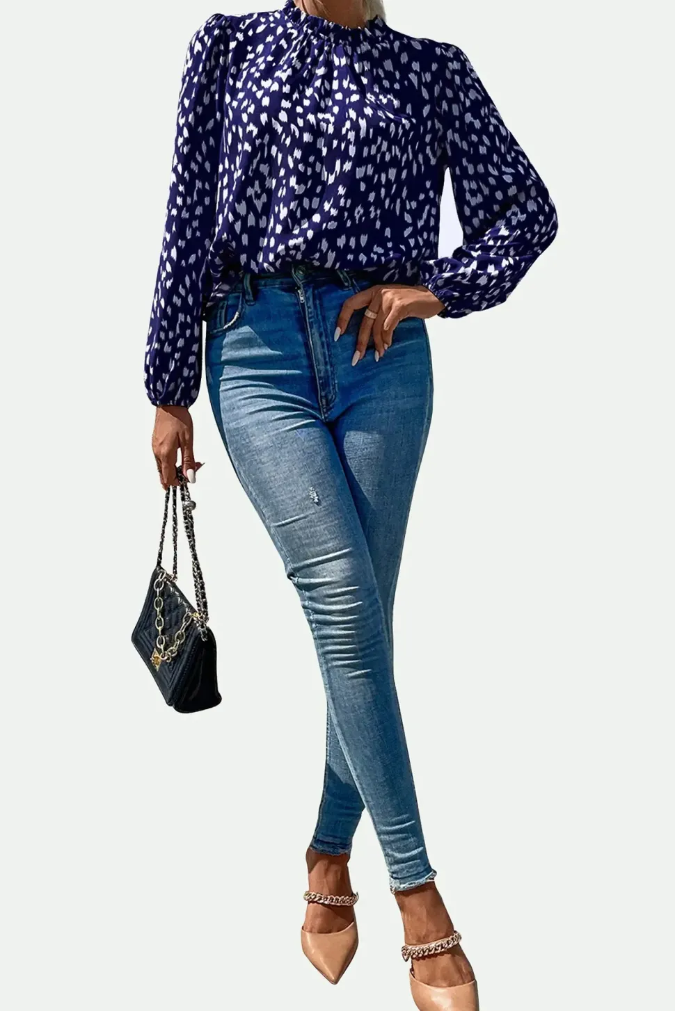 Animal Print Frill Detail High Neck Top In Navy