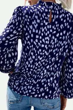 Animal Print Frill Detail High Neck Top In Navy
