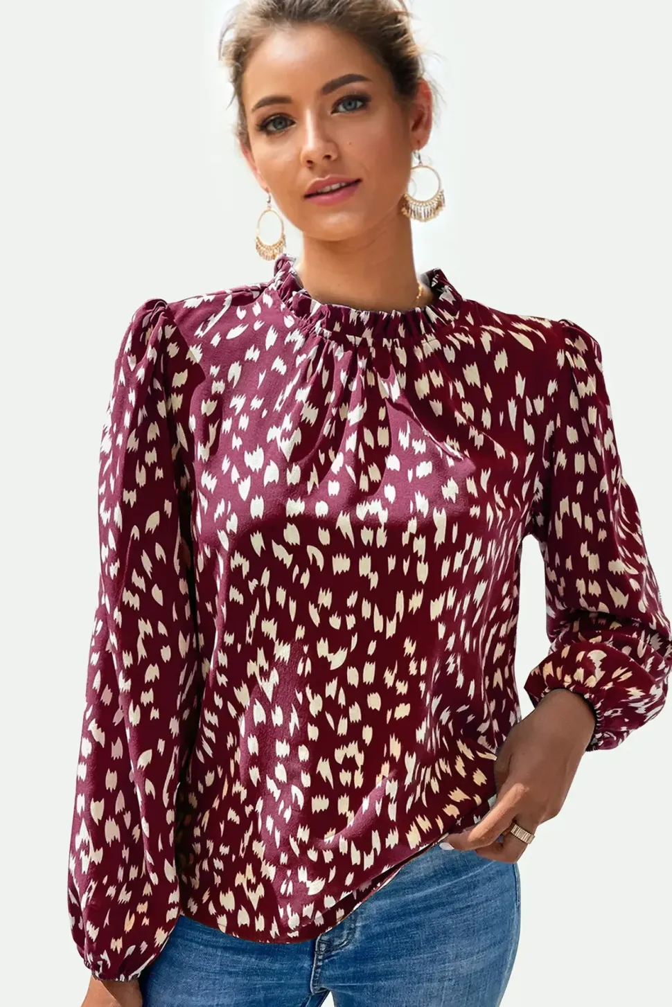 Animal Print Frill Detail High Neck Top In Wine