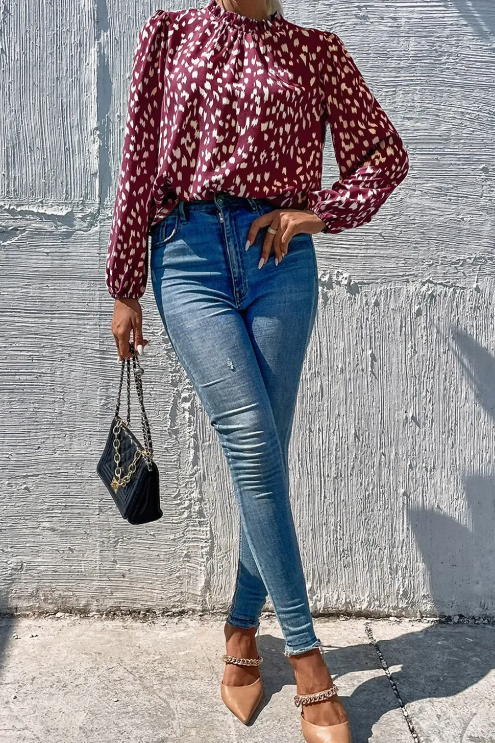 Animal Print Frill Detail High Neck Top In Wine