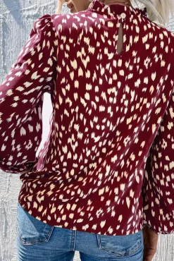 Animal Print Frill Detail High Neck Top In Wine