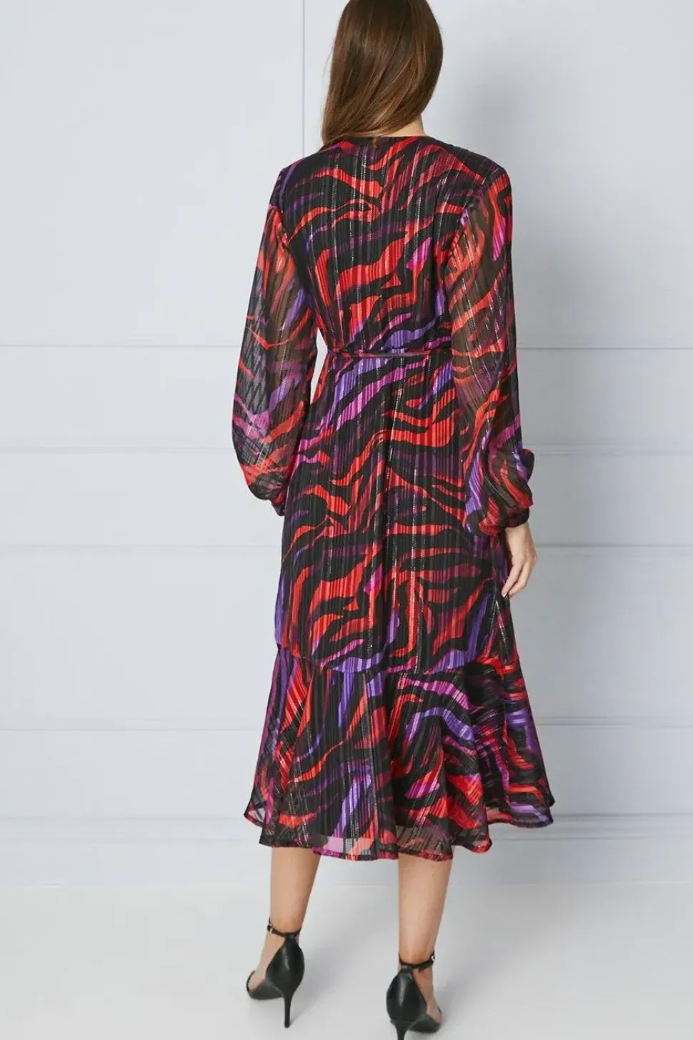 Animal Print Glitter Stripe Wrap Midi Dress