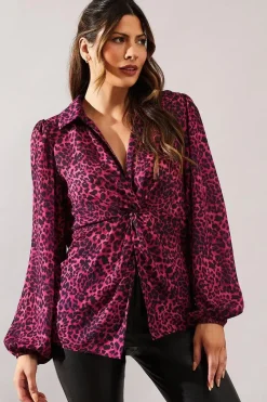 Animal Print Knot Detail Collared Blouse