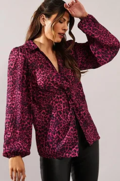 Animal Print Knot Detail Collared Blouse