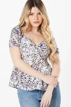 Animal Print Knot Front Puff Sleeve Top