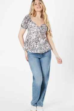 Animal Print Knot Front Puff Sleeve Top
