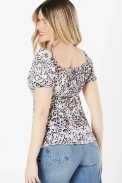 Animal Print Knot Front Puff Sleeve Top